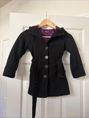 Girls Black Pea Coat with Purple Lining - Classic Winter Jacket